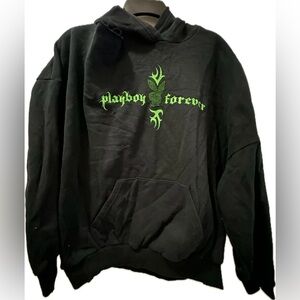 Playboy Black Distressed Hoodie with Green Rhinestone Logo